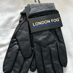 London Fog Black Leather Gloves with Gray Knit Cuff